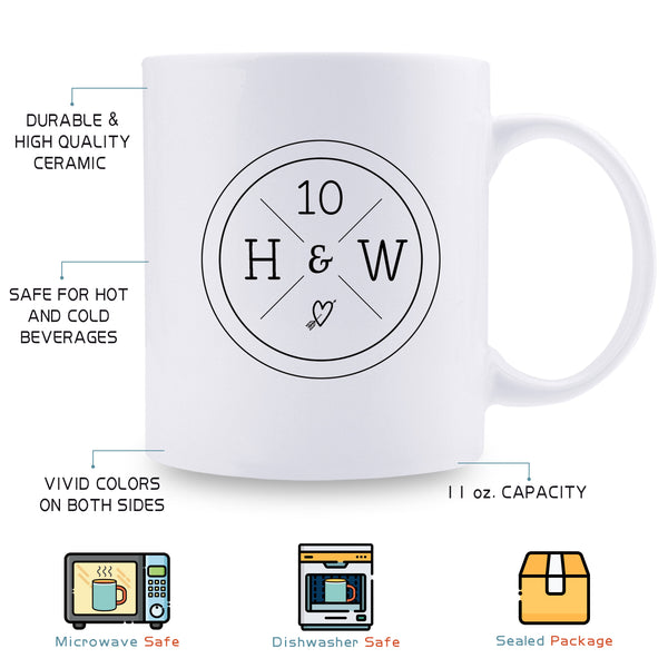 10th Anniversary Gifts-10th Wedding Anniversary Gifts for Couple, 10 Year Anniversary Gifts 11oz Funny Coffee Mug for Couples, Husband, Hubby, Wife, Wifey, Her, Him, H&W