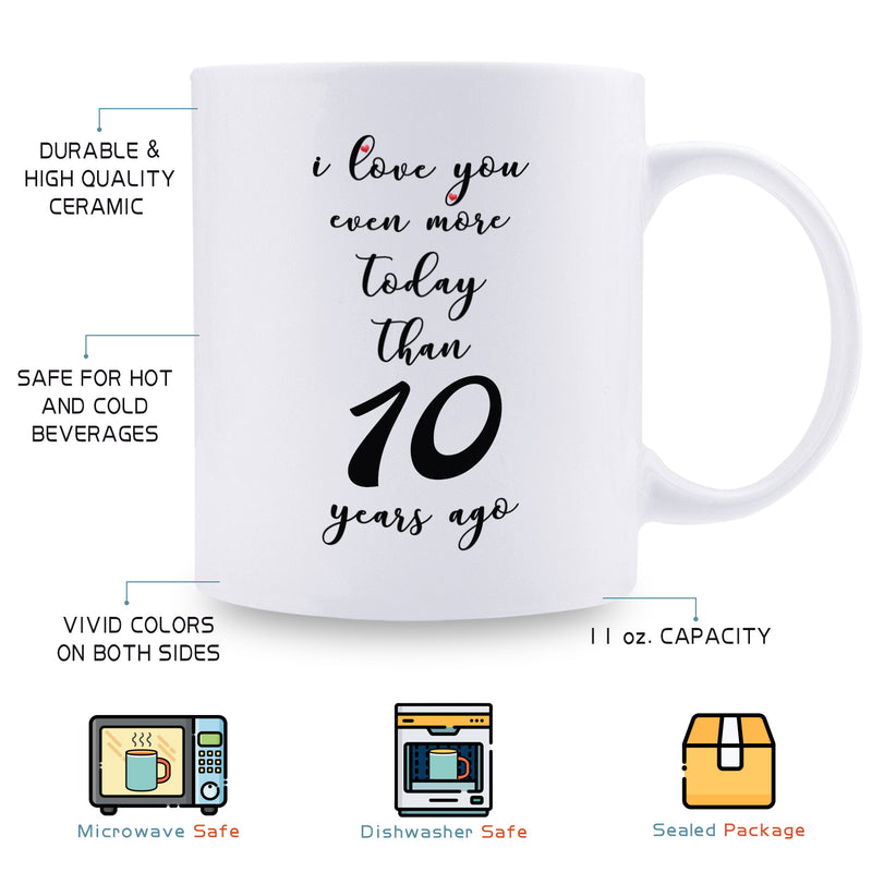 10th Anniversary Gifts - 10th Wedding Anniversary Gifts for Couple, 10 Year Anniversary Gifts 11oz Funny Coffee Mug for Couples, Husband, Hubby, Wife, Wifey, Her, Him, I Love You Even More