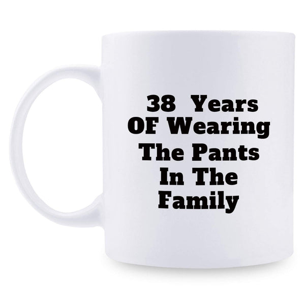 38th Anniversary Gifts - 38th Wedding Anniversary Gifts for Couple, 38 Year Anniversary Gifts 11oz Funny Coffee Mug for Couples, Husband, Hubby, Wife, Wifey, Her, Him, wearing the pants