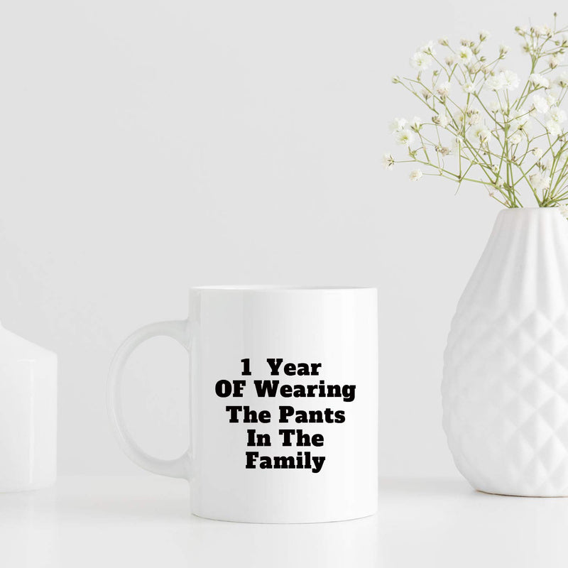 1st Anniversary Gifts - 1st Wedding Anniversary Gifts for Couple, 1 Year Anniversary Gifts 11oz Funny Coffee Mug for Couples, Husband, Hubby, Wife, Wifey, Her, Him, wearing the pants