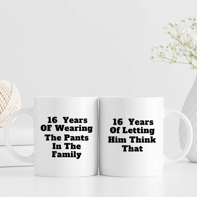 16th Anniversary Gifts - 16th Wedding Anniversary Gifts for Couple, 16 Year Anniversary Gifts 11oz Funny Coffee Mug for Couples, Husband, Hubby, Wife, Wifey, Her, Him, wearing the pants