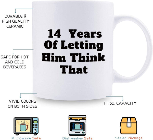 14th Anniversary Gifts - 14th Wedding Anniversary Gifts for Couple, 14 Year Anniversary Gifts 11oz Funny Coffee Mug for Couples, Husband, Hubby, Wife, Wifey, Her, Him, wearing the pants