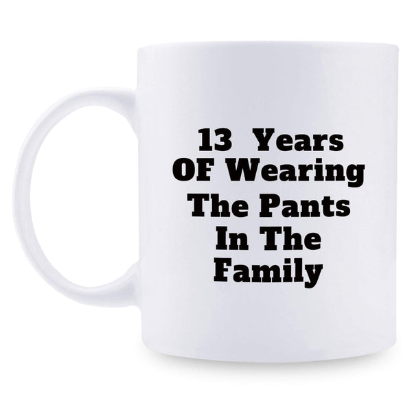 13th Anniversary Gifts - 13th Wedding Anniversary Gifts for Couple, 13 Year Anniversary Gifts 11oz Funny Coffee Mug for Couples, Husband, Hubby, Wife, Wifey, Her, Him, wearing the pants