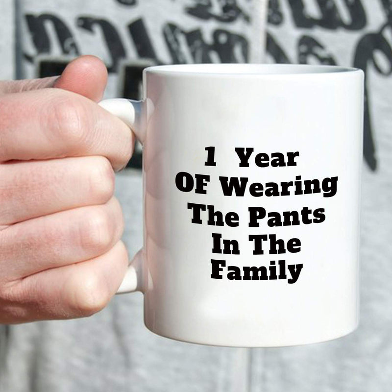 1st Anniversary Gifts - 1st Wedding Anniversary Gifts for Couple, 1 Year Anniversary Gifts 11oz Funny Coffee Mug for Couples, Husband, Hubby, Wife, Wifey, Her, Him, wearing the pants