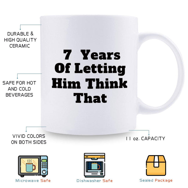 7th Anniversary Gifts - 7th Wedding Anniversary Gifts for Couple, 7 Year Anniversary Gifts 11oz Funny Coffee Mug for Couples, Husband, Hubby, Wife, Wifey, Her, Him, wearing the pants