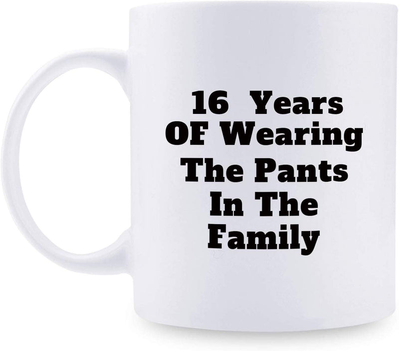 16th Anniversary Gifts - 16th Wedding Anniversary Gifts for Couple, 16 Year Anniversary Gifts 11oz Funny Coffee Mug for Couples, Husband, Hubby, Wife, Wifey, Her, Him, wearing the pants