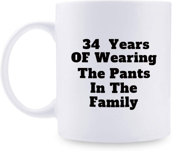 34th Anniversary Gifts - 34th Wedding Anniversary Gifts for Couple, 34 Year Anniversary Gifts 11oz Funny Coffee Mug for Couples, Husband, Hubby, Wife, Wifey, Her, Him, wearing the pants