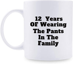 12th Anniversary Gifts - 12th Wedding Anniversary Gifts for Couple, 12 Year Anniversary Gifts 11oz Funny Coffee Mug for Couples, Husband, Hubby, Wife, Wifey, Her, Him, wearing the pants