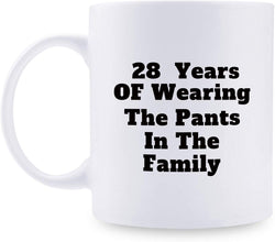 28th Anniversary Gifts - 28th Wedding Anniversary Gifts for Couple, 28 Year Anniversary Gifts 11oz Funny Coffee Mug for Couples, Husband, Hubby, Wife, Wifey, Her, Him, wearing the pants