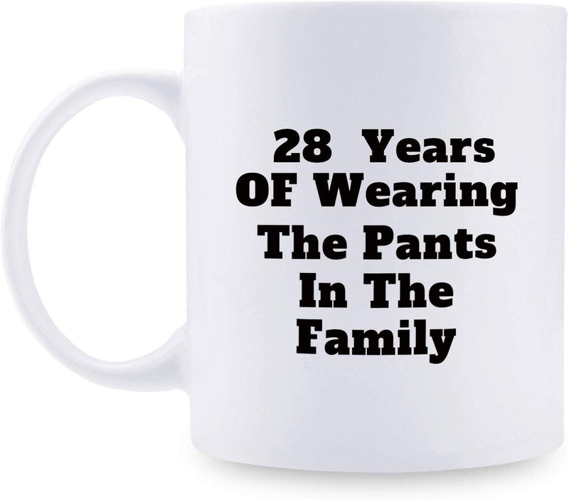 28th Anniversary Gifts - 28th Wedding Anniversary Gifts for Couple, 28 Year Anniversary Gifts 11oz Funny Coffee Mug for Couples, Husband, Hubby, Wife, Wifey, Her, Him, wearing the pants