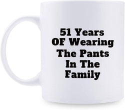 51st Anniversary Gifts - 51st Wedding Anniversary Gifts for Couple, 51 Year Anniversary Gifts 11oz Funny Coffee Mug for Couples, Husband, Hubby, Wife, Wifey, Her, Him, wearing the pants