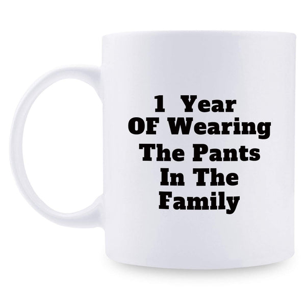 1st Anniversary Gifts - 1st Wedding Anniversary Gifts for Couple, 1 Year Anniversary Gifts 11oz Funny Coffee Mug for Couples, Husband, Hubby, Wife, Wifey, Her, Him, wearing the pants