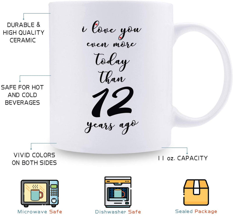 12th Anniversary Gifts - 12th Wedding Anniversary Gifts for Couple, 12 Year Anniversary Gifts 11oz Funny Coffee Mug for Couples, Husband, Hubby, Wife, Wifey, Her, Him, I Love You Even More