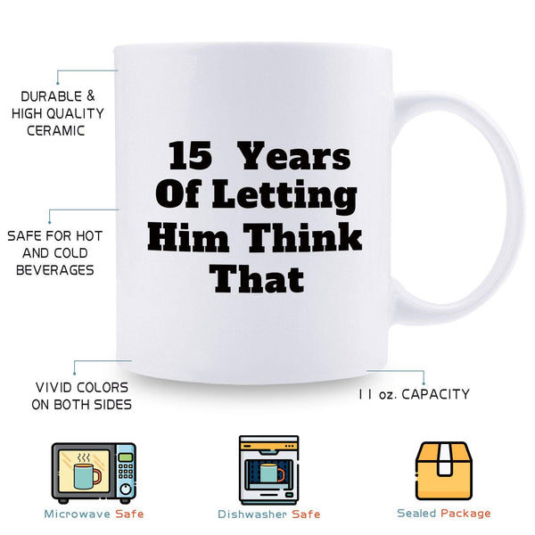 15th Anniversary Gifts - 15th Wedding Anniversary Gifts for Couple, 15 Year Anniversary Gifts 11oz Funny Coffee Mug for Couples, Husband, Hubby, Wife, Wifey, Her, Him, wearing the pants