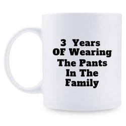 3rd Anniversary Gifts - 3rd Wedding Anniversary Gifts for Couple, 3 Year Anniversary Gifts 11oz Funny Coffee Mug for Couples, Husband, Hubby, Wife, Wifey, Her, Him, wearing the pants