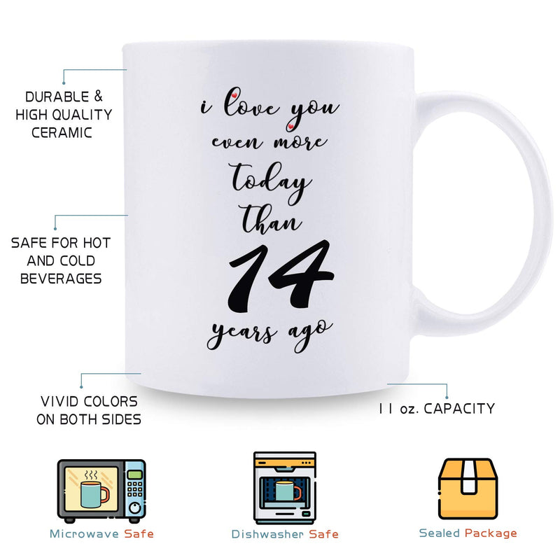 14th Anniversary Gifts - 14th Wedding Anniversary Gifts for Couple, 14 Year Anniversary Gifts 11oz Funny Coffee Mug for Couples, Husband, Hubby, Wife, Wifey, Her, Him, I Love You Even More