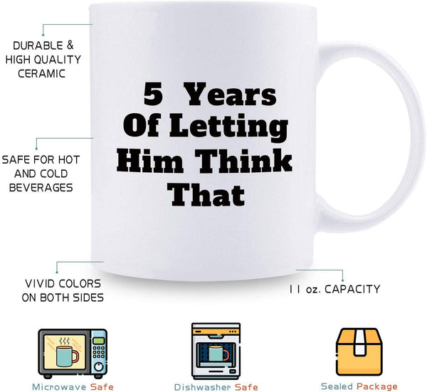 5th Anniversary Gifts - 5th Wedding Anniversary Gifts for Couple, 5 Year Anniversary Gifts 11oz Funny Coffee Mug for Couples, Husband, Hubby, Wife, Wifey, Her, Him, wearing the pants