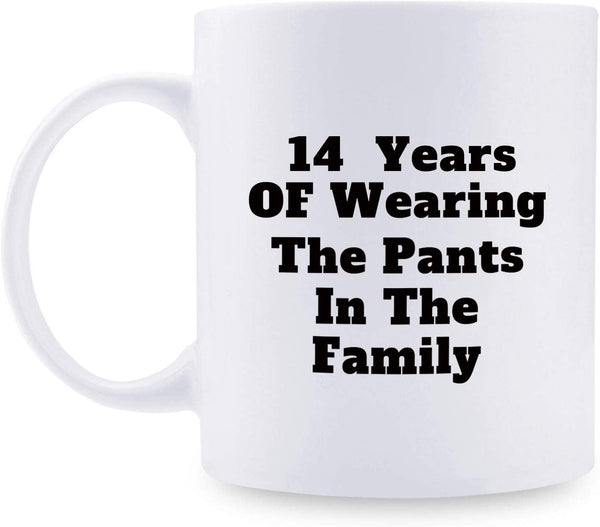 14th Anniversary Gifts - 14th Wedding Anniversary Gifts for Couple, 14 Year Anniversary Gifts 11oz Funny Coffee Mug for Couples, Husband, Hubby, Wife, Wifey, Her, Him, wearing the pants