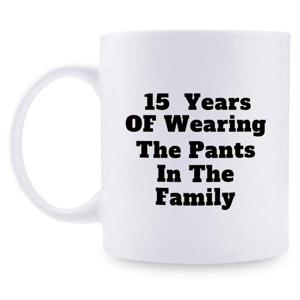 15th Anniversary Gifts - 15th Wedding Anniversary Gifts for Couple, 15 Year Anniversary Gifts 11oz Funny Coffee Mug for Couples, Husband, Hubby, Wife, Wifey, Her, Him, wearing the pants