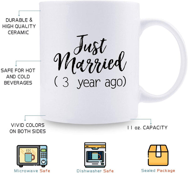 3rd Anniversary Gifts - 3rd Wedding Anniversary Gifts for Couple, 3 Year Anniversary Gifts 11oz Funny Coffee Mug for Couples, Husband, Hubby, Wife, Wifey, Her, Him, just married