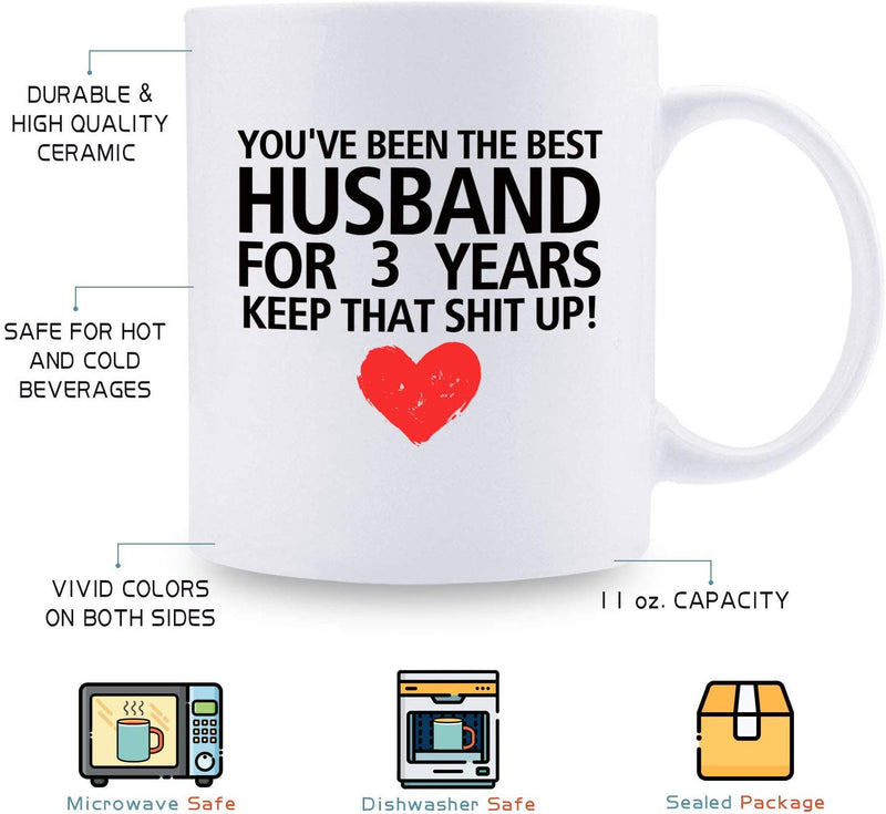 3rd Anniversary Gifts - 3rd Wedding Anniversary Gifts for Couple, 3 Year Anniversary Gifts 11oz Funny Coffee Mug for Husband, Hubby, Him, best husband