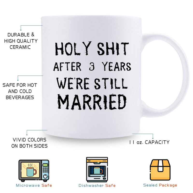 3rd Anniversary Gifts - 3rd Wedding Anniversary Gifts for Couple, 3 Year Anniversary Gifts 11oz Funny Coffee Mug for Couples, Husband, Hubby, Wife, Wifey, Her, Him, holy shit