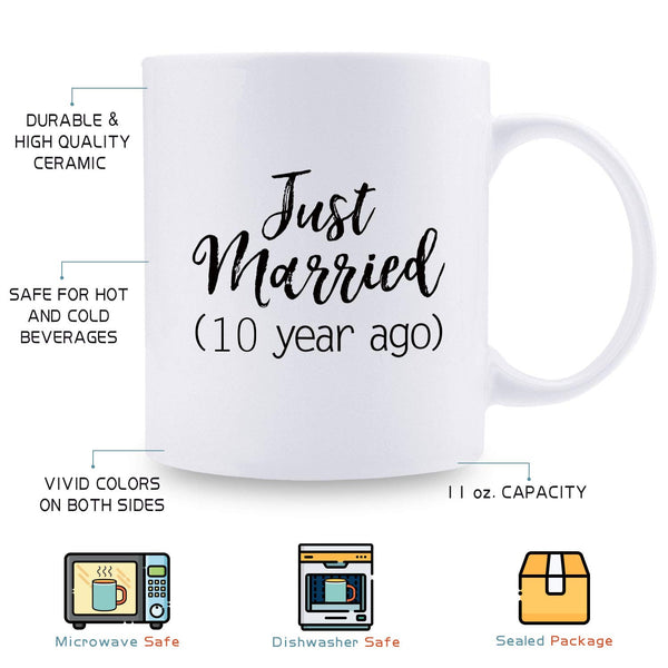 10th Anniversary Gifts - 10th Wedding Anniversary Gifts for Couple, 10 Year Anniversary Gifts 11oz Funny Coffee Mug for Couples, Husband, Hubby, Wife, Wifey, Her, Him, just married