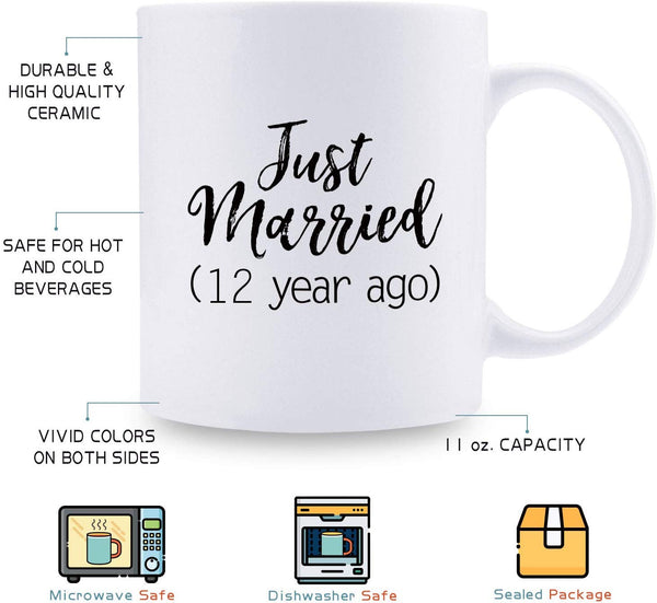 12th Anniversary Gifts - 12th Wedding Anniversary Gifts for Couple, 12 Year Anniversary Gifts 11oz Funny Coffee Mug for Couples, Husband, Hubby, Wife, Wifey, Her, Him, just married