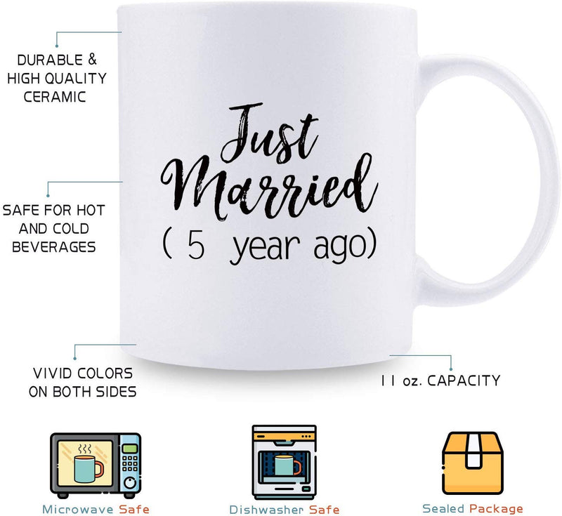 5th Anniversary Gifts - 5th Wedding Anniversary Gifts for Couple, 5 Year Anniversary Gifts 11oz Funny Coffee Mug for Couples, Husband, Hubby, Wife, Wifey, Her, Him, just married