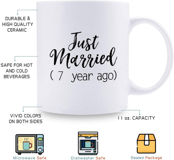 7th Anniversary Gifts - 7th Wedding Anniversary Gifts for Couple, 7 Year Anniversary Gifts 11oz Funny Coffee Mug for Couples, Husband, Hubby, Wife, Wifey, Her, Him, just married